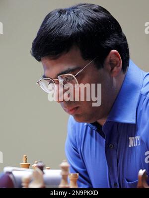 Defending World champion Viswanathan Anand, from India, contemplates his  next move during the eighth game of the Chess World Championship between  him and Russia's Vladimir Kramnik in the Art and Exhibition Hall