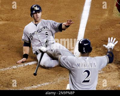 Milwaukee Brewers' Nyjer Morgan has some fun during a spring training  baseball workout, Saturday, March 3, 2012, in Phoenix. (AP Photo/Morry Gash  Stock Photo - Alamy