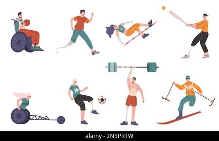 Paralympic athletes. Professional sports. People with missing limbs. Wheelchair and prosthetics. Basketball athletic competition. Runners and skiers Stock Vector