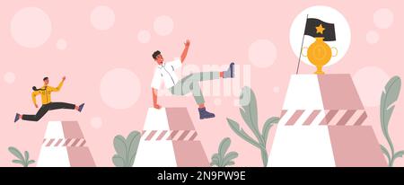 People overcoming obstacles. Businessmen race over rocks. Competition in company. Success striving. Men persistently running through mountains Stock Vector