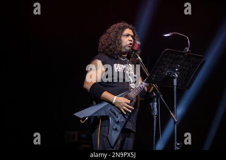 Dhaka, Bangladesh. 11th Feb, 2023. Vocalist of Artcell, George Lincoln D'costa performs at the Hope Festival at Army Stadium in Dhaka. Credit: SOPA Images Limited/Alamy Live News Stock Photo