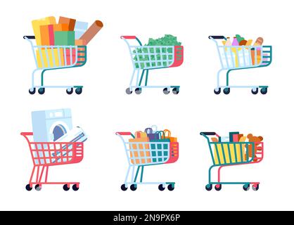 Shopping cart with groceries. Supermarket pushcarts. Food products. Retail sale. Money banknotes. Purchase boxes and bags. Household appliances Stock Vector