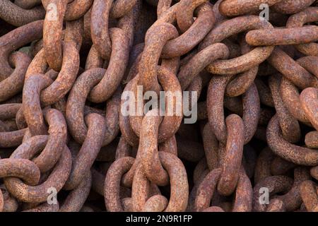 Close- up of an abundance of rusty chain links at the abandoned Stromness whaling station; South Georgia Island Stock Photo