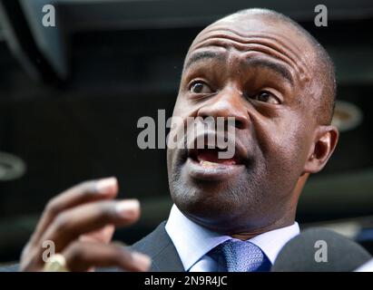 NFL players union chief DeMaurice Smith pauses as he speaks during