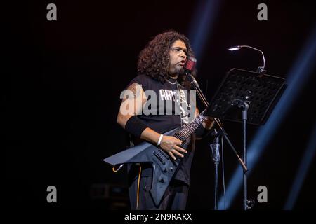 Dhaka, Bangladesh. 11th Feb, 2023. Vocalist of Artcell, George Lincoln D'costa performs at the Hope Festival at Army Stadium in Dhaka. (Photo by Sazzad Hossain/SOPA Images/Sipa USA) Credit: Sipa USA/Alamy Live News Stock Photo