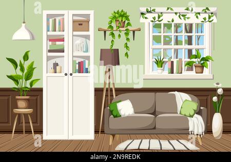 Living room interior with a sofa, a white bookcase, a window, and houseplants. Cozy room interior design. Cartoon vector illustration Stock Vector