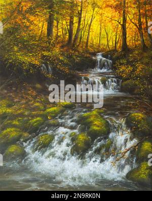 Original  oil painting of beautifl autumn landscape, forest,mountains  and river  with waterfalls on canvas.Modern Impressionism, modernism,marinism Stock Photo
