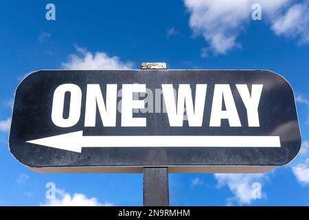 One way sign against blue sky, Tortola Pier Park, Road Town, Tortola, The British Virgin Islands (BVI), Lesser Antilles, Caribbean Stock Photo