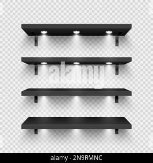 Realistic black store shelves with wall mount and lighting, spotlights. Empty product shelf, grocery wall rack. Mall and supermarket furniture Stock Vector