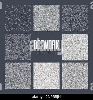 Square shaped dotted objects, stipple elements. Stippling, dotwork drawing, shading using dots. Pixel disintegration, halftone effect. White noise Stock Vector