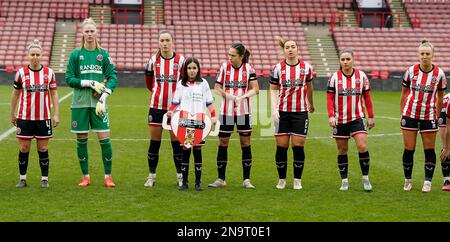Sheffield, England, 12th February 2023.  he Sheffield United team line up prior to kick off during the The FA Women's Championship match at Bramall Lane, Sheffield. Picture credit should read: Andrew Yates / Sportimage Stock Photo