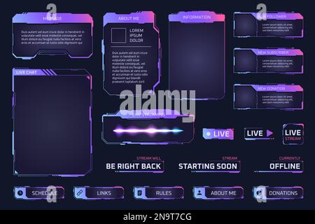 Game stream panels. Twitch streaming overlay frames for gamers leaderboard, hud glowing digital screen template gui online interface futuristic cyber buttons ui vector illustration of game live frame Stock Vector