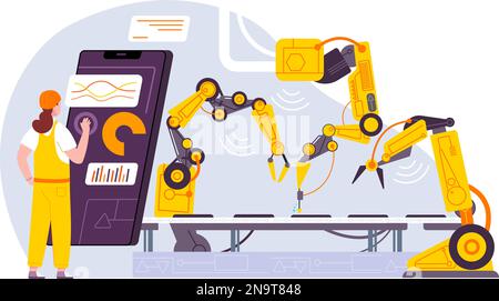 Conveyor configurations. Futuristic engineering smart control automation factory production, worker monitoring manufacturing process iot machine, vector illustration of conveyor machine technology Stock Vector