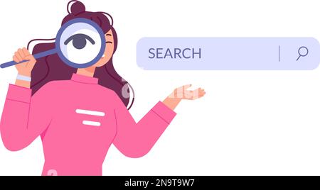 Woman website searching. Girl use magnifier for web surfing internet data research, online search on computer window browser page find seo information vector illustration of woman search in network Stock Vector