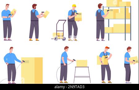 Workers scanning barcode. Warehouse and store worker with scanner check label code on shipping cargo or grocery box, scan reader stock parcel pallet, splendid vector illustration of scanner storage Stock Vector