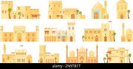 Islamic heritage buildings. Old brick building traditional arabic architecture, facade palais from arabia or africa desert arabian houses, ramadan vector illustration of ancient islamic heritage Stock Vector