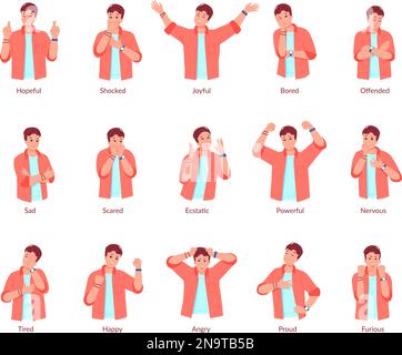 Different emotion gestures. People emotions on body expression, upset portrait person setabout exasperate or happy positive smile ashamed skeptical man vector illustration of positive expression Stock Vector
