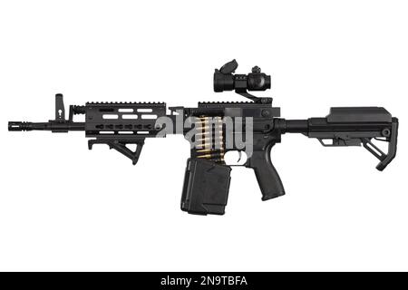 Carbine with belt-fed upper receiver that convert AR-15 or M16 from a standard, magazine rifle to light machine gun. Isolated on a white background Stock Photo