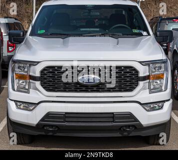 A white Ford F150 pick up truck for sale at a dealership in Monroeville, Pennsylvania,USA Stock Photo