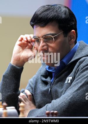 World champion Viswanathan Anand from India contemplates his next move  during the 11th game of the Chess World Championship against Russia's  Vladimir Kramnik in the Art and Exhibition Hall of the Federal