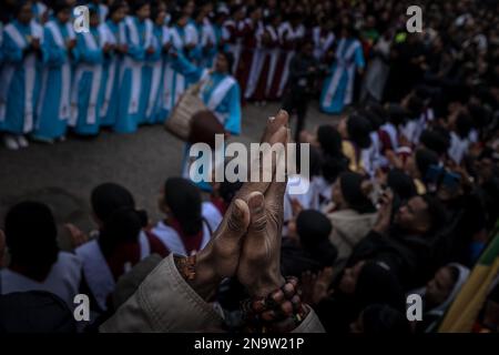 London, UK. 12th February 2023. Thousands of Ethiopian Orthodox Christians gather at Marble Arch for worship and service by priests from Tewahedo Church. Credit: Guy Corbishley/Alamy Live News Stock Photo