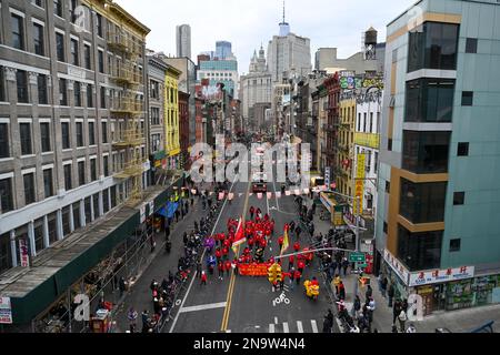 People march in the 25th Annual Lunar New Year Parade in Chinatown on February 12, 2023 in New York City. Stock Photo