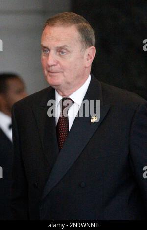 Former National Security Adviser James Jones arrives ahead of Britain's Prince Harry at the Atlantic Council Annual Awards Dinner in Washington, Monday, May 7, 2012. (AP Photo/Charles Dharapak)