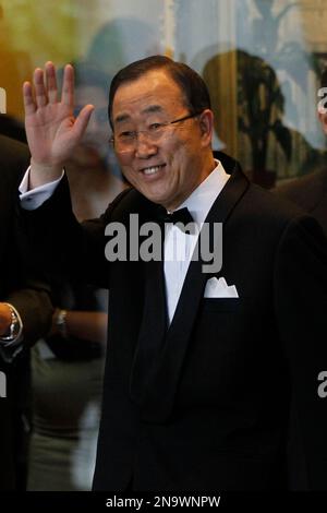 United Nations Secretary General Ban Ki-moon arrives after Britain's Prince Harry at the Atlantic Council Annual Awards Dinner in Washington, Monday, May 7, 2012. (AP Photo/Charles Dharapak)