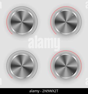 Realistic metal and plastic radio switch. Different level buttons and power regulators set Stock Vector