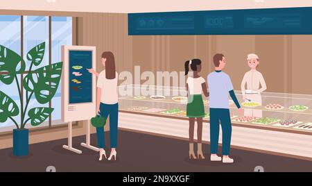 Self service in cafe or restaurant vector illustration. Cartoon visitor using digital information screen to order food from menu, couple of consumers characters waiting for dish at modern counter Stock Vector