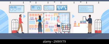 Self service in supermarket vector illustration. Cartoon store interior with people carry market trolley with grocery products, customers buy and pay for purchases at checkout automated kiosk Stock Vector