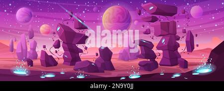 Magic landscape of alien planet in space vector illustration. Cartoon purple fantasy scene in alien cosmos with crystals and violet rocks on surface, stars and satellite in sky of fantastic background Stock Vector