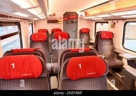 First class seating on Swiss railways InterRegio train. Stock Photo