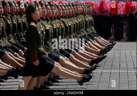 North Korean female soldiers marching in line, North Pyongan Province ...