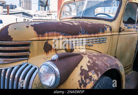 NEW ORLEANS, LA, USA: FEBRUARY 5, 2023: Severely rusted front end of antique AK series 1940s Chevrolet pickup truck Stock Photo