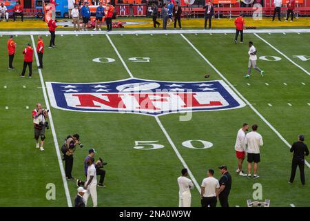 Glendale, USA. 12th Feb, 2023. American football; professional league NFL, Philadelphia Eagles - Kansas City Chiefs, Super Bowl at State Farm Stadium: The logo of the NFL is seen on the field before the game. Credit: Maximilian Haupt/dpa/Alamy Live News Stock Photo