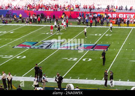 Glendale, USA. 12th Feb, 2023. American football; professional league NFL, Philadelphia Eagles - Kansas City Chiefs, Super Bowl at State Farm Stadium: the logo of Super Bowl LVII is seen on the field before the game. Credit: Maximilian Haupt/dpa/Alamy Live News Stock Photo