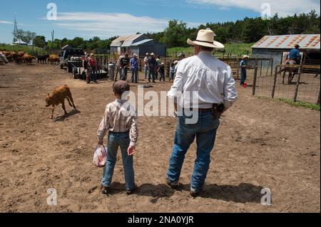 An elementary age boy and middle age man stand at a ranch; Burwell, Nebraska, United States of America Stock Photo