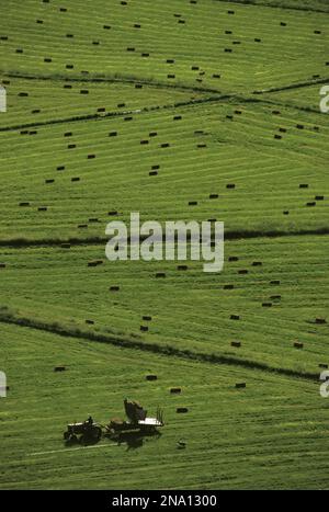 Aerial view of tractor baling hay, Clayoquot Sound, Vancouver Island, BC, Canada; British Columbia, Canada Stock Photo