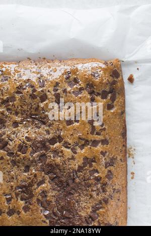 Top view of blondies with chocolate chunks, cross section of cut blondie bars Stock Photo