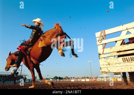 Cowboy riding a bucking bronco; Burwell, Nebraska, United States of America Stock Photo