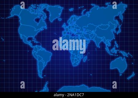 Blue world map against a blue grid. Stock Photo