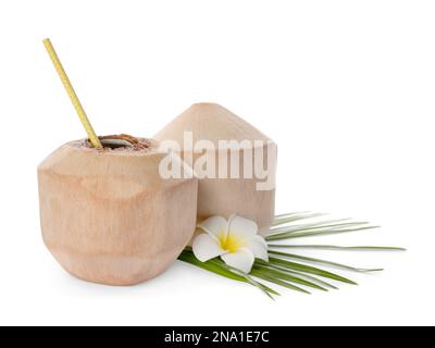 Young peeled coconuts with straw, palm leaf and beautiful flower on white background Stock Photo