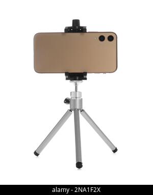 Smartphone fixed to tripod on white background Stock Photo