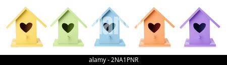 Set with different colorful bird houses on white background, banner design Stock Photo