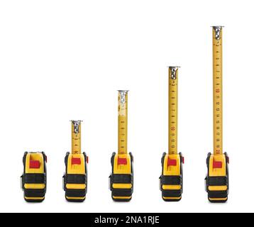 Set with measuring tapes on white background Stock Photo