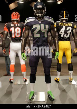 The new Cincinnati Bengals uniform is displayed on a mannequin in New York,  Tuesday, April 3, 2012. NFL has unveiled its new sleek uniforms designed by  Nike. While most of the new