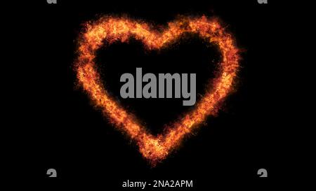 Fiery yellow red heart symbol on a black background with burning flame line frame. Stock Photo