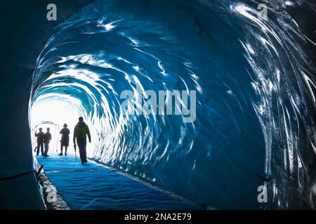 Family of tourists step into ice cave under Mer de Glace Glacier; Chamonix-Mont-Blanc, Haute-Savoie, France Stock Photo