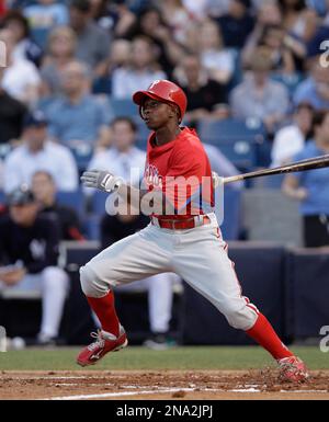 Philadelphia Phillies' Juan Pierre hit an infield single in the